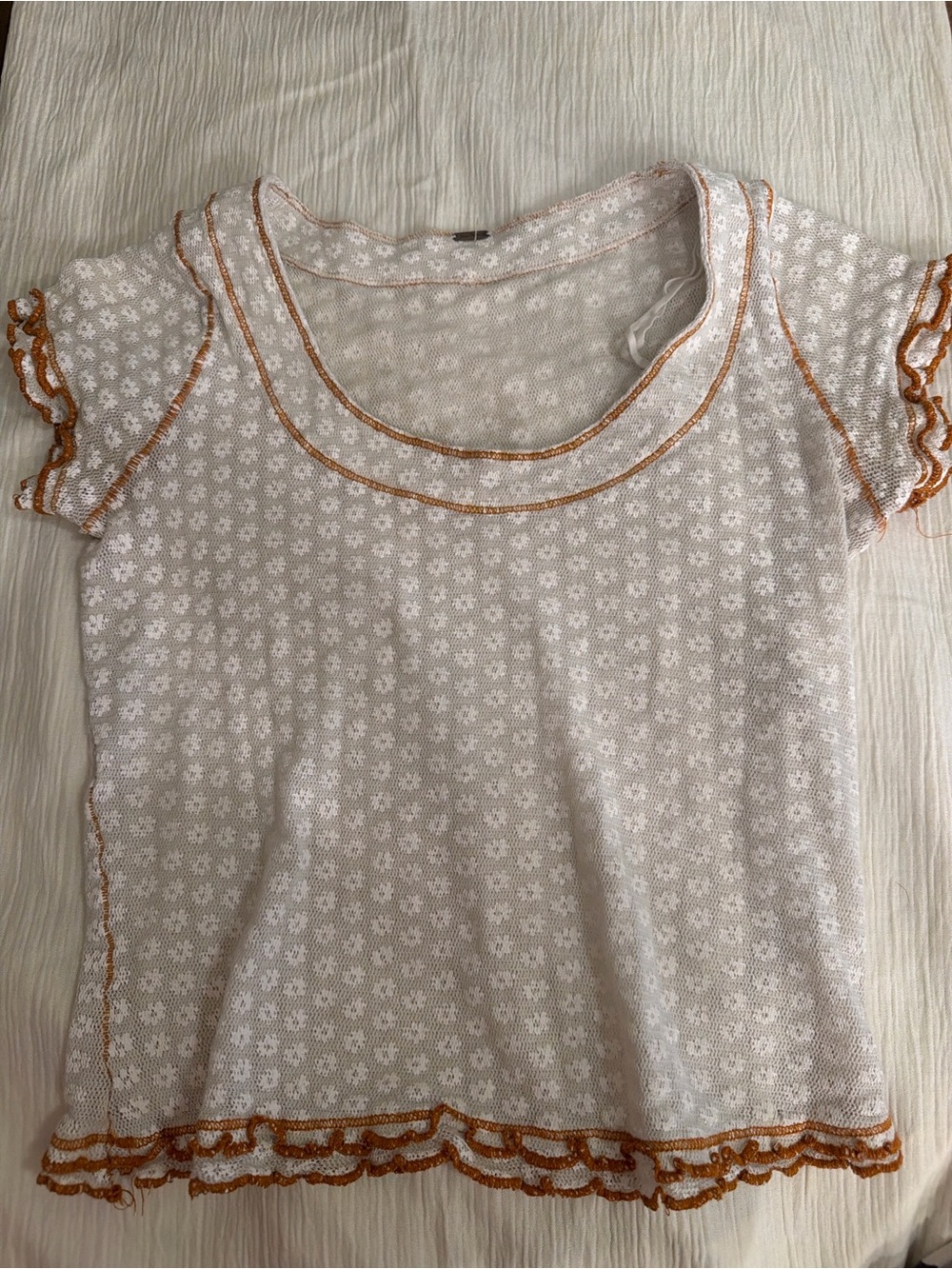 Free People White Floral Knit Short Sleeve Top with Tan Trim